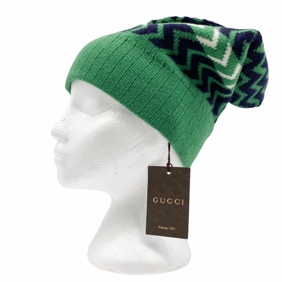 GUCCI Wool Zigzag Beanie Hat Green Size M 22cm - Picture 1 of 13